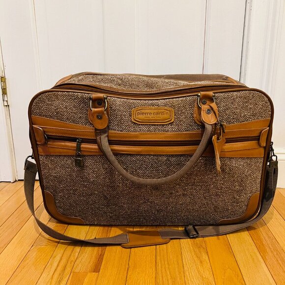 Vintage Pierre Cardin Paris Leather Tweed Luggage Travel Weekender Bag 22 inche - Picture 5 of 16